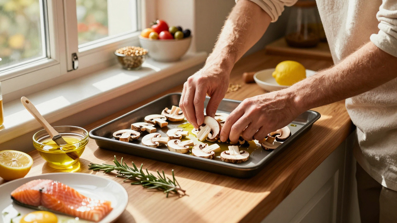 Mãos colocando cogumelos fatiados em uma forma, com ingredientes como salmão, azeite e limão sobre bancada de cozinha.