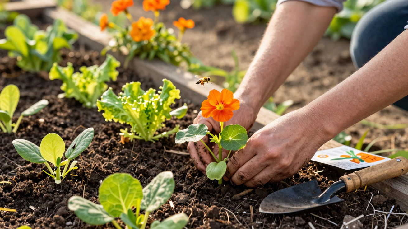 Pessoa plantando flor laranja em horta com brotos verdes e abelha voando próxima.