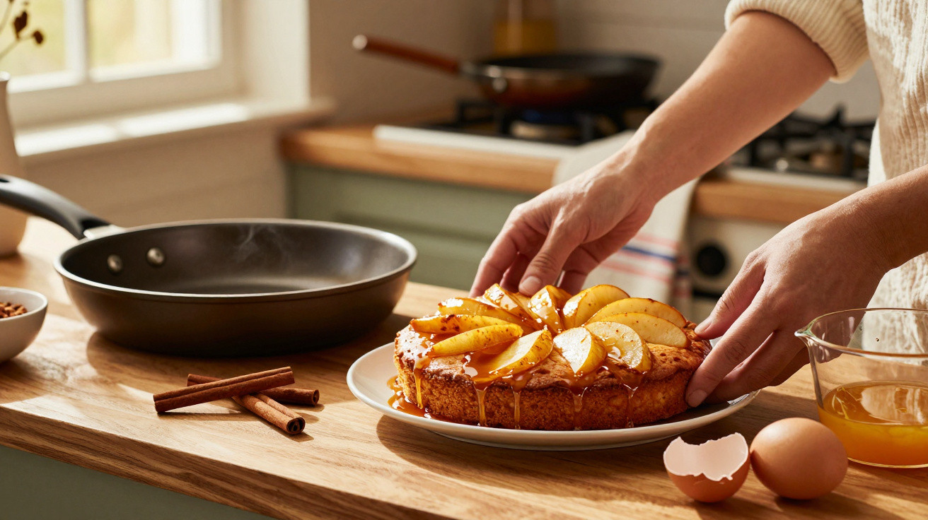 Pessoa colocando bolo de maçã com calda em prato na cozinha com frigideira, ovos e canela na bancada.