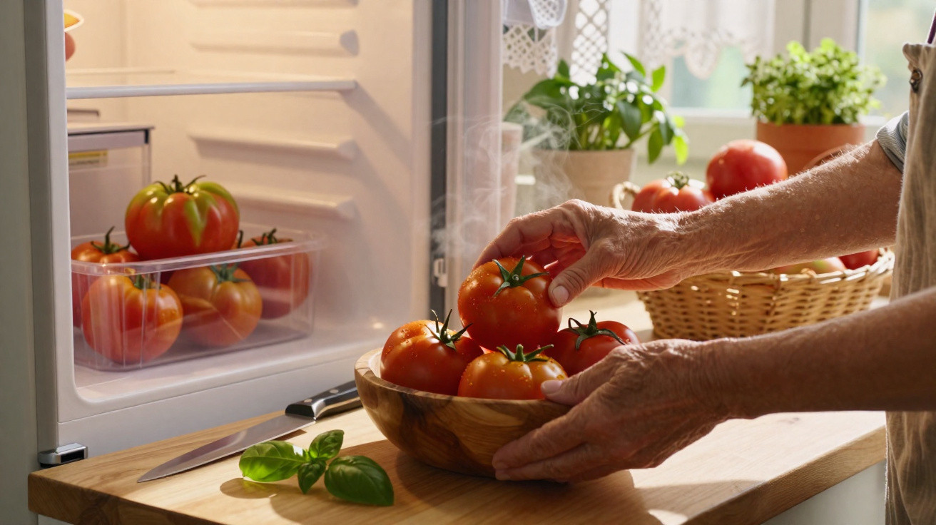 Mãos colocando tomates frescos em uma tigela de madeira na cozinha, com geladeira e janela ao fundo.