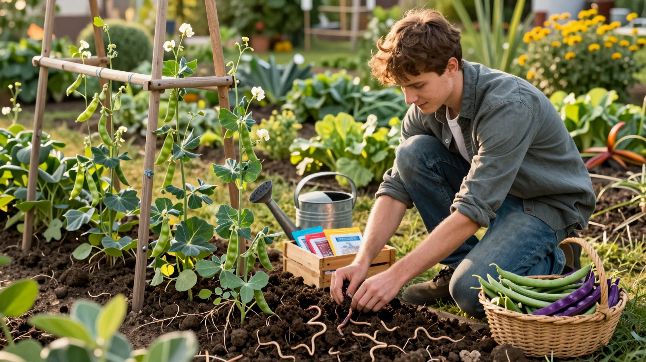 Jovem plantando minhocas em horta com cesta de legumes frescos ao lado.