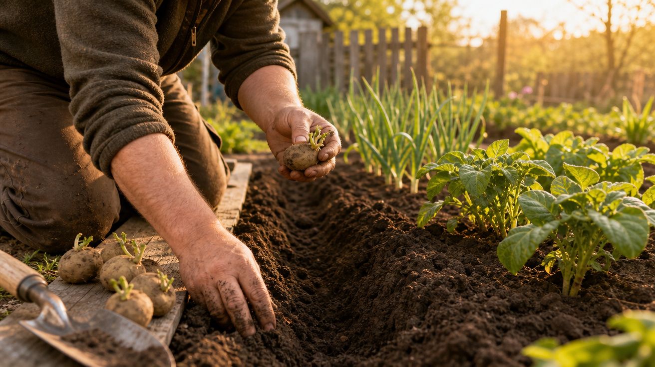 Pessoa plantando batatas em solo fértil em um jardim ao entardecer.